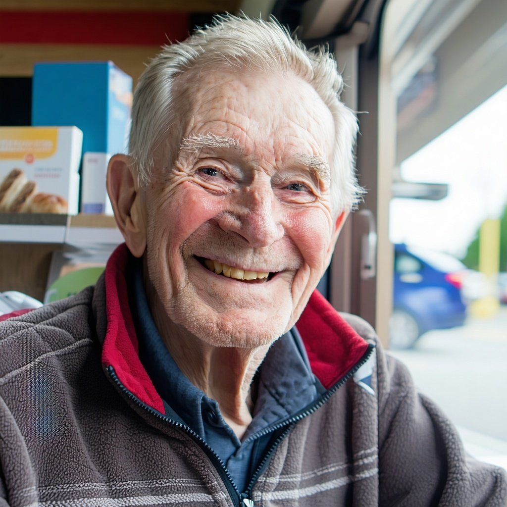 A happy older male customer